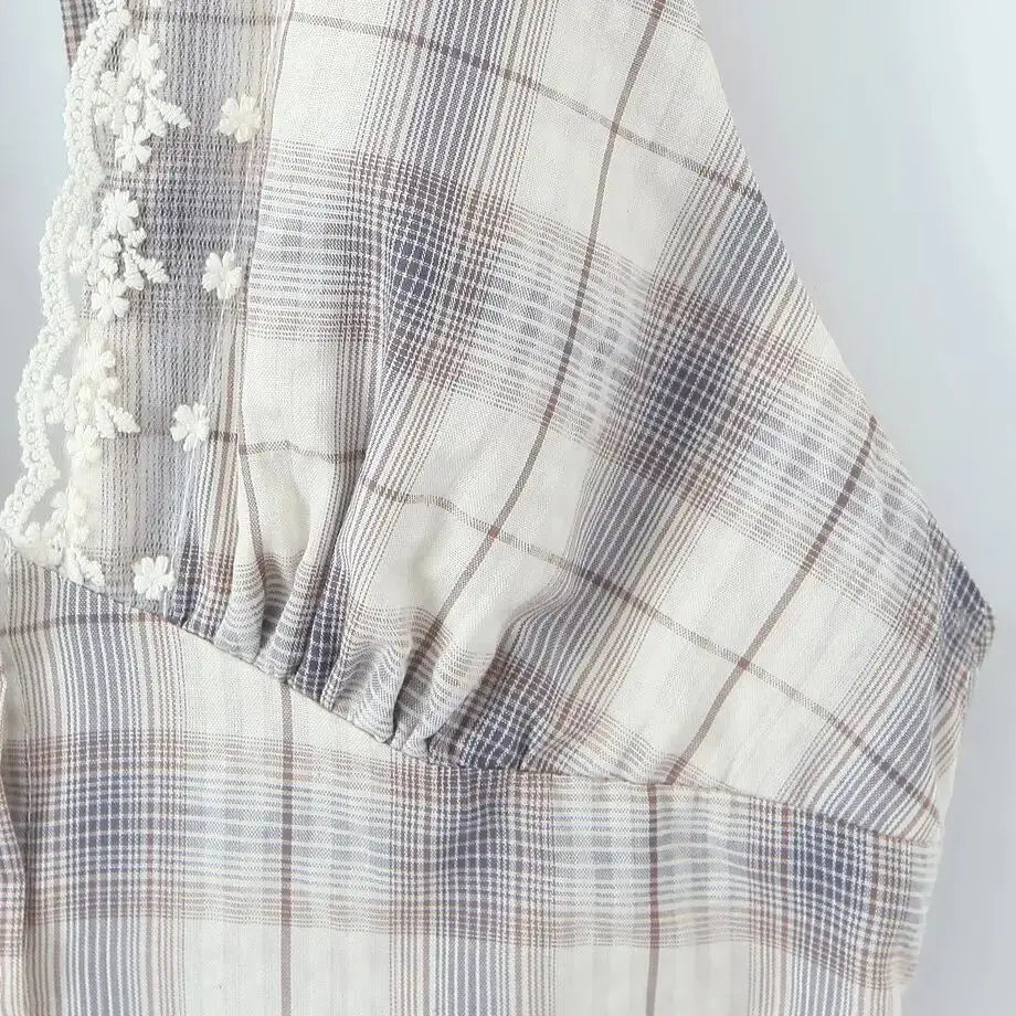 LIZAKOSHT  -  Sexy Front Open Buttons Plaid Spliced Lace Tie Bow Halter V Collar Mini Dress Women No Back Backless A-line Short Dresses Robe