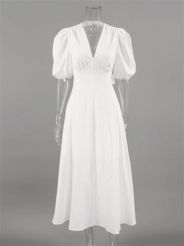 LIZAKOSHT  -  White Backless Summer Dress For Women Short Sleeve Slim V-Neck High Waist Elegant Commute Dress Female Bandage Long Dress