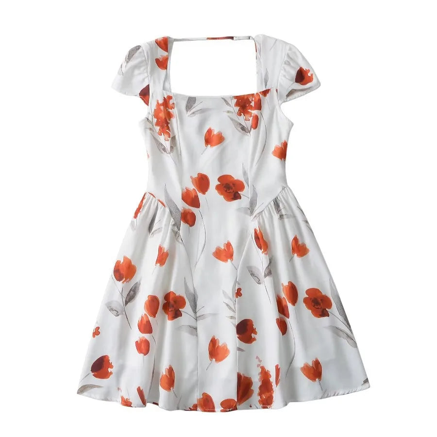 LIZAKOSHT  -  Summer New Flower Printed Square Collar High Waist Slim Dress Short Skirt