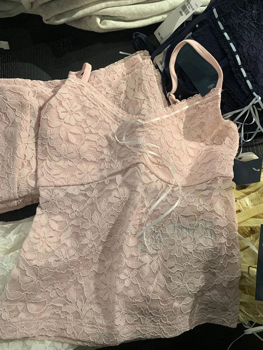 LIZAKOSHT  -  Pink Floral Lace Transparent Crop Tops Women Summer Lace-up V Neck Sleeveless Slim Camis American Retro Solid Mesh Tank Top Y2k