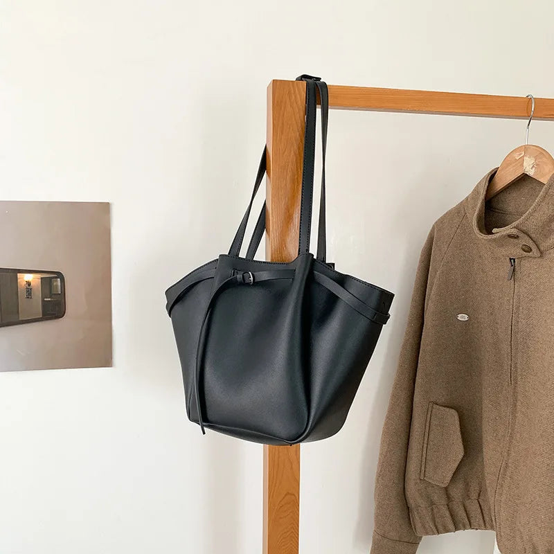 LIZAKOSHT  -  Soft PU Large Capacity Tote Bag Women Fashion Korean Style Commuter Shoulder Bag Solid Color Retro Minimalist Handbag