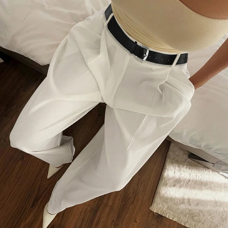 LIZAKOSHT  -  Women Casual Straight Pants with Belt High Street Fashion Lady Loose Trousers Summer Minimalist Office Wear Outfits