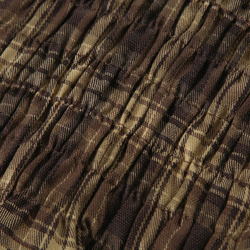 LIZAKOSHT  -  Back Shirred Plaid Blouse Brown French Style Turn-down Collar Single-breasted Shirts Vintage Puff Short Sleeve Tops