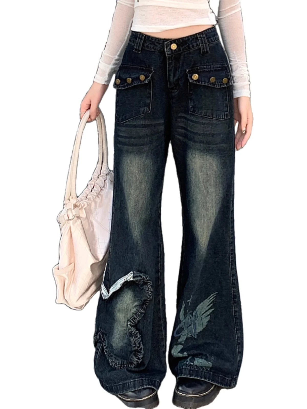 LIZAKOSHT  -  Women's Blue Baggy Jeans Aesthetic Vintage Oversize Cowboy Pants Harajuku Straight Denim Trousers Y2k 2000s Trashy Clothes