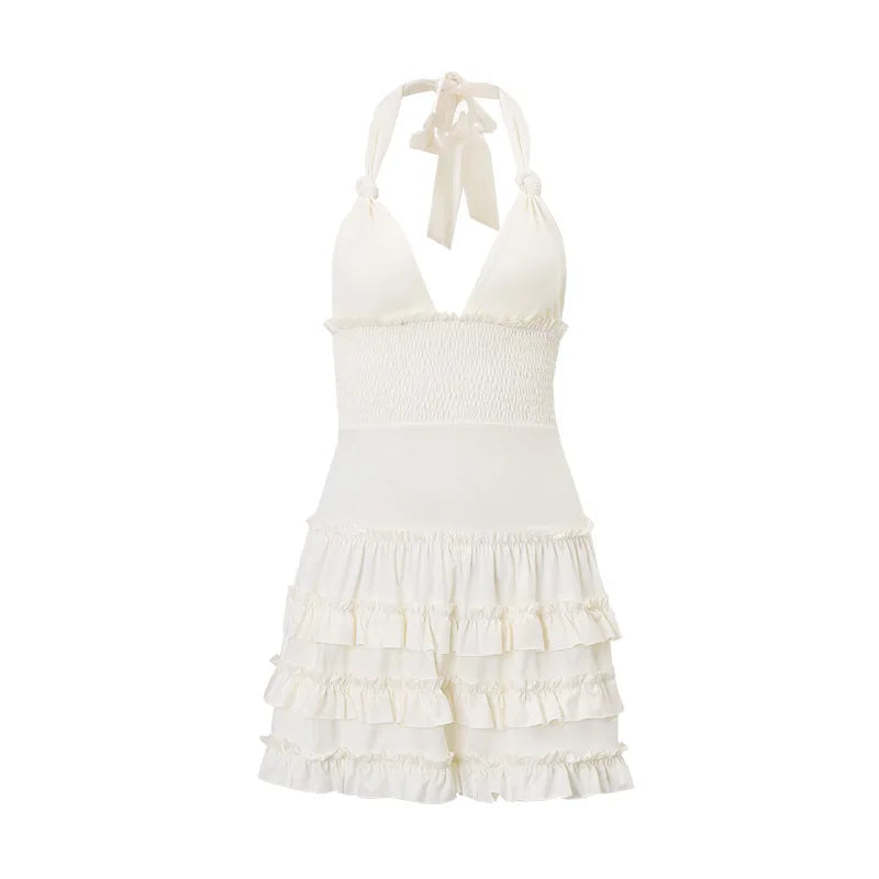 LIZAKOSHT  -  Beach Mini Dress Women y2k Clothes Solid Color Sleeveless Backless Layered Ruffle Halter Dress Cocktail Party Dresses