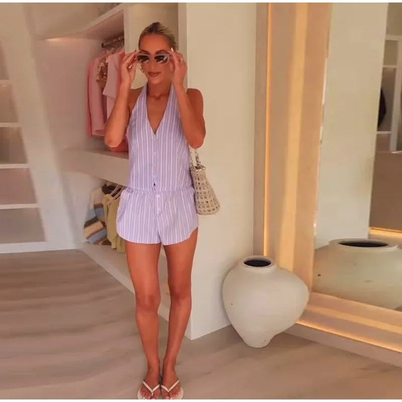 LIZAKOSHT  -  Striped Women's Two Piece Suit Halter Lace Up Sleeveless V-neck Single Breasted Top Short Pants 2025 Summer Lady Causal Outfits