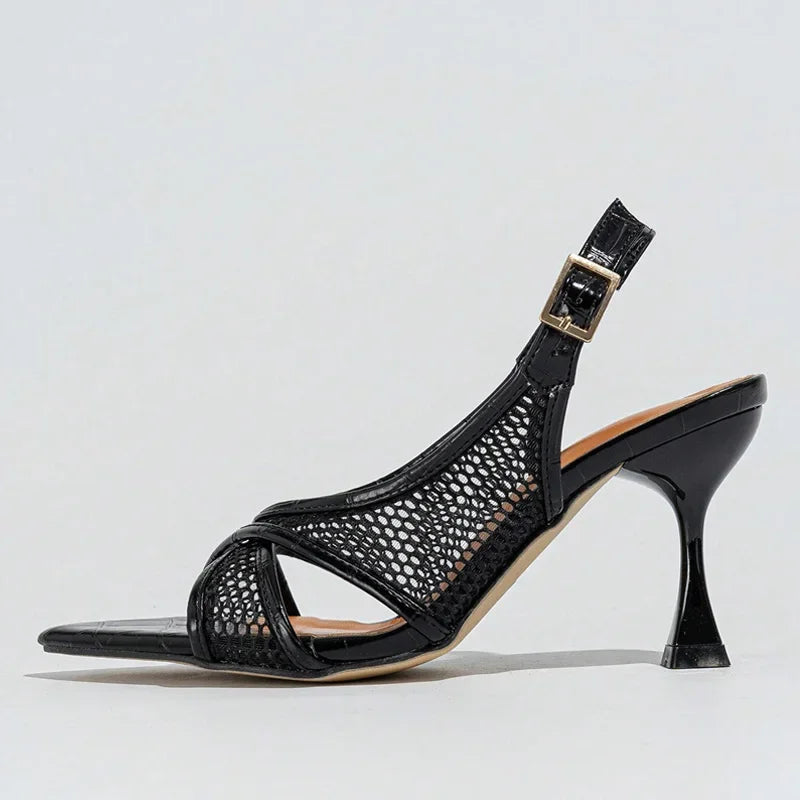 LIZAKOSHT  -  Black Mesh Open Toe Women High Heels Summer Brand Designer Sexy Hollow Buckle Party Dress Thin High Heel Women Open Toe Sandals