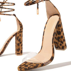LIZAKOSHT  -  Large Size Women Sandals Summer New One-word Buckle Leopard Print Chunky High Heel Sandals for Women 35-43