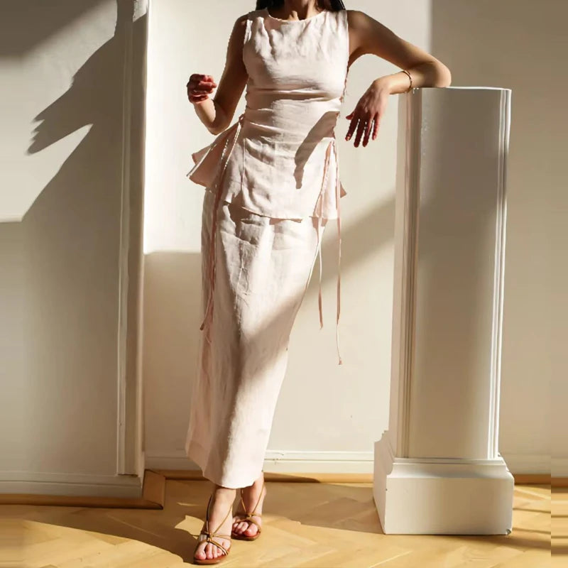 LIZAKOSHT  -  Casual O-Neck Sleeveless Lotus Leaf Swing Outfit Lady Elegant Side Tie Up Vest+Skirt 2pc Set Chic Solid Waist Cinch Commute Suit