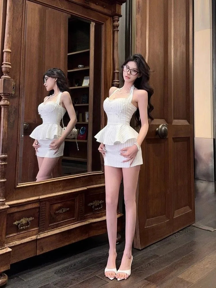 LIZAKOSHT  -  Elegant Ruffles Patchwork Sexy Halter Strapless Vest for Women+ Slim Waist Bodycon Skirts 2025 Summer New Two Piece Sets