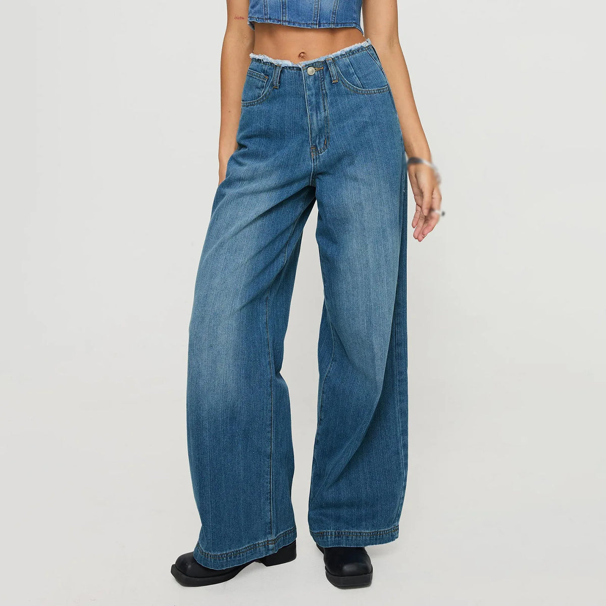 LIZAKOSHT  -  Women's Spring Summer Jeans with Pockets Fashion Loose Fit Casual Solid Low Rise Wide Leg Denim Pants Vintage Streetwear