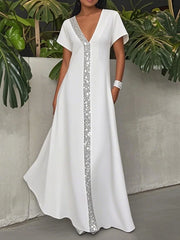 LIZAKOSHT  -  Summer Simple Elegant Women's Dress Shiny Striped V-neck Short Sleeves A-line Dress Stylish Party Wedding Dresses