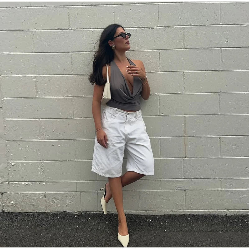 LIZAKOSHT  -  Denim Solid Casual Shorts Women Wide Leg High Wwaist Buggy Straight Short Jeans Female 2025 Summer Street Pocket Zipper Pants