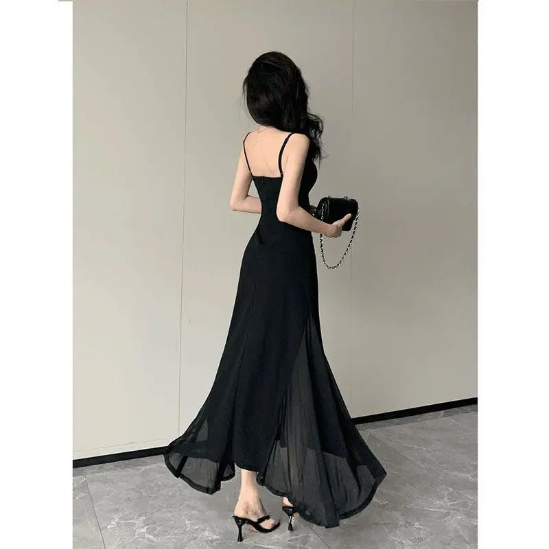 LIZAKOSHT  -  Elegant Sexy Casim Dress Women V Neck Skinny Backless Black Dress Mesh Sheer Summer Party Night Vestidos Classic Simple Dress