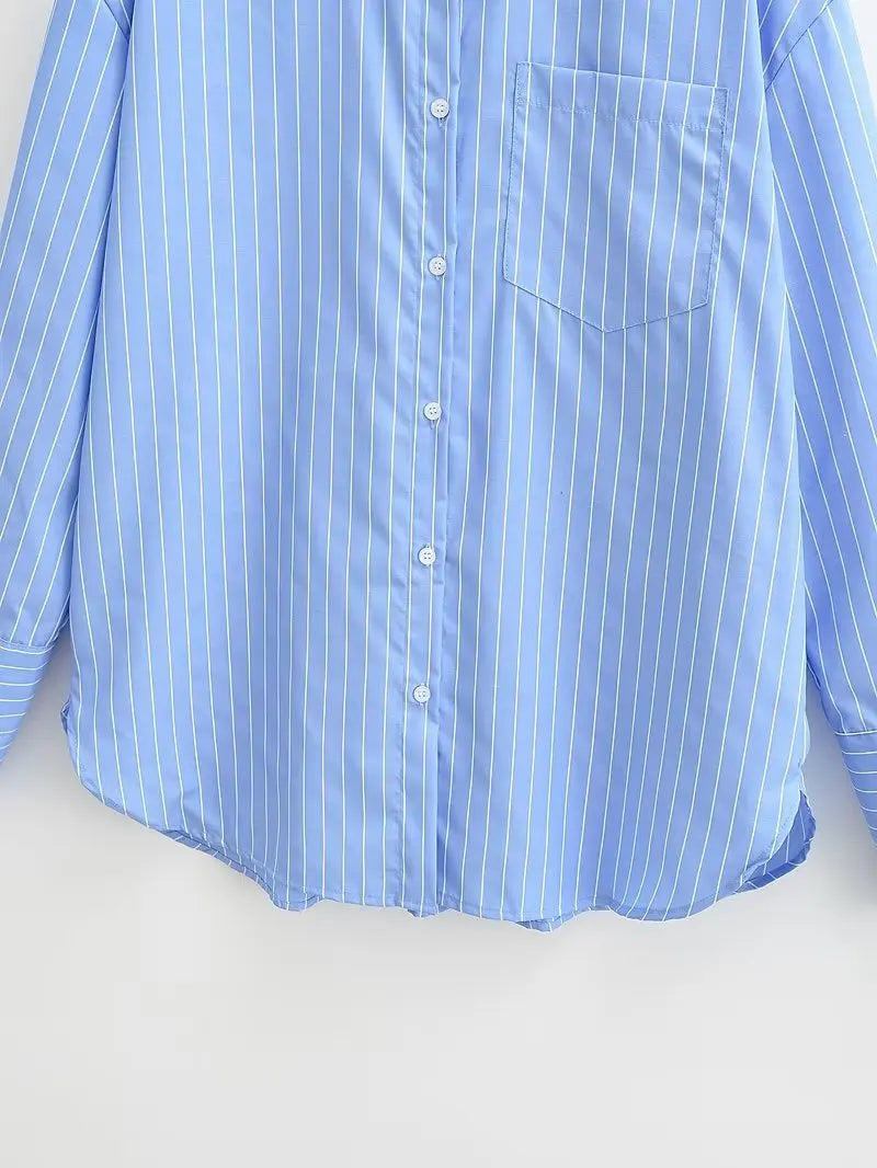 LIZAKOSHT  -  Fashion Blouse Women Blogger Boyfriend Loose Shirt Blue Striped Casual