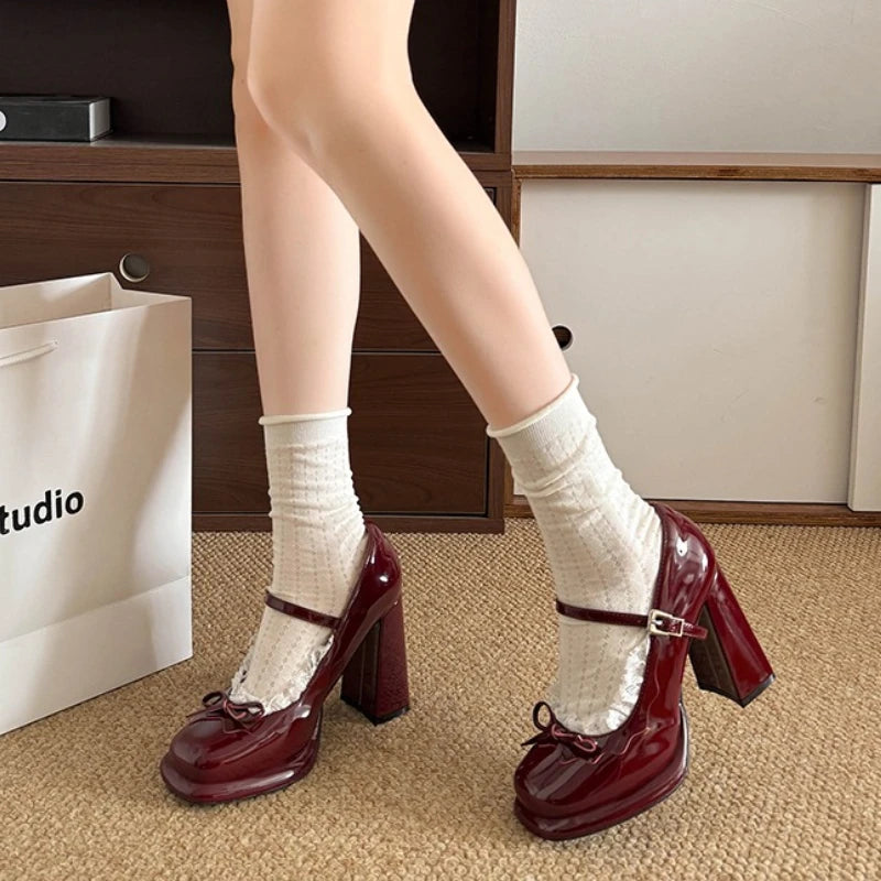 LIZAKOSHT  -  Street Style Thick Heel Women Mary Jane Shoes Concise Butterfly-knot Single Shoes Ladies Elegant Wedding Party Leather Pumps