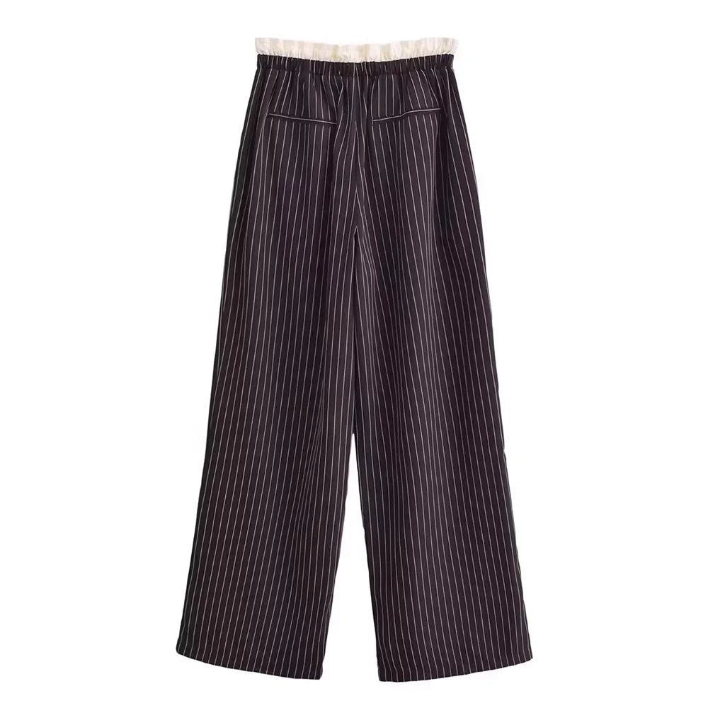 LIZAKOSHT  -  Casual Striped Drawstring Trousers for Women New High Waist Straight Loose Wide Leg Office Lady Long Pants