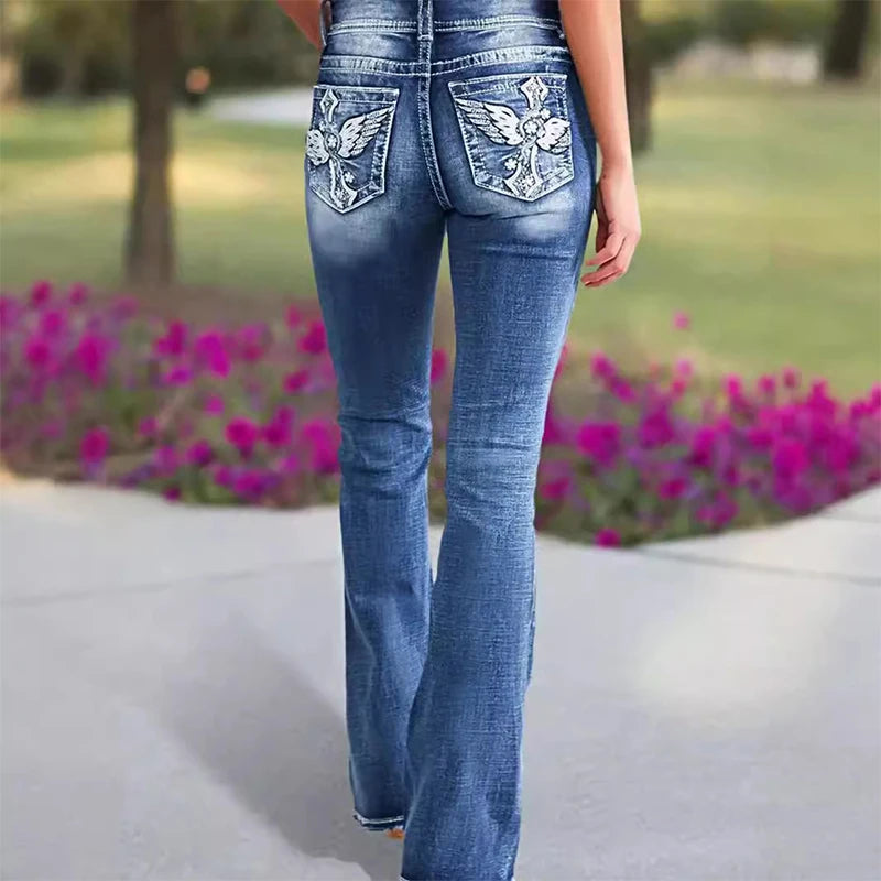 LIZAKOSHT  -  Y2k Retro Gothic High Waited Jeans Hot Embroidery Pattern Blue Jeans Woman Hip Micro Horn Baggy Jeans Street Clothing