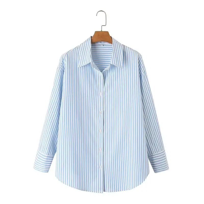 LIZAKOSHT  -  Tops Shirts Spring Women's 2025 New Chic Striped Elegant Loose V-neck Women's Shirts Street Casual Fashion Youth Office Blouses