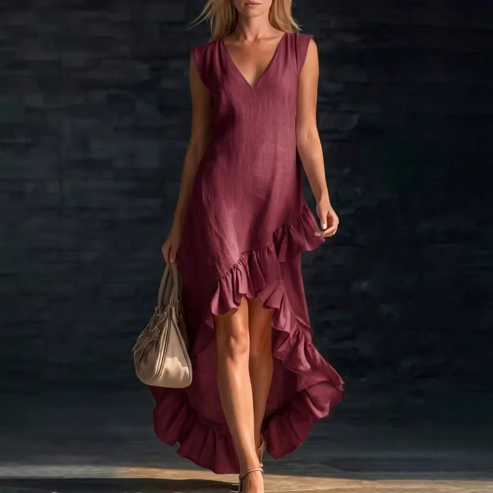 LIZAKOSHT  -  New Fashionable Romantic Sleeveless V-neck Ruffle Hem Cotton and Linen Long Dress