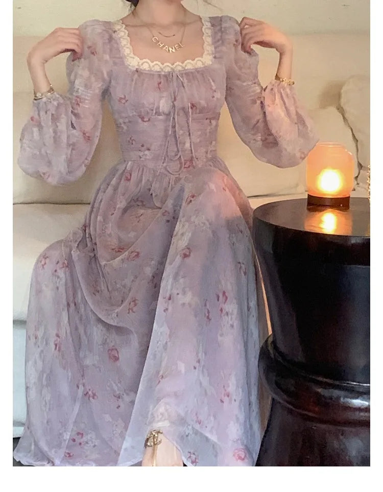 LIZAKOSHT  -  Korea Style Women's Long Nightdress Solid Square Collar Lace Patchwork Ladies Nightgown Long Sleeve Princess Night Dress Female
