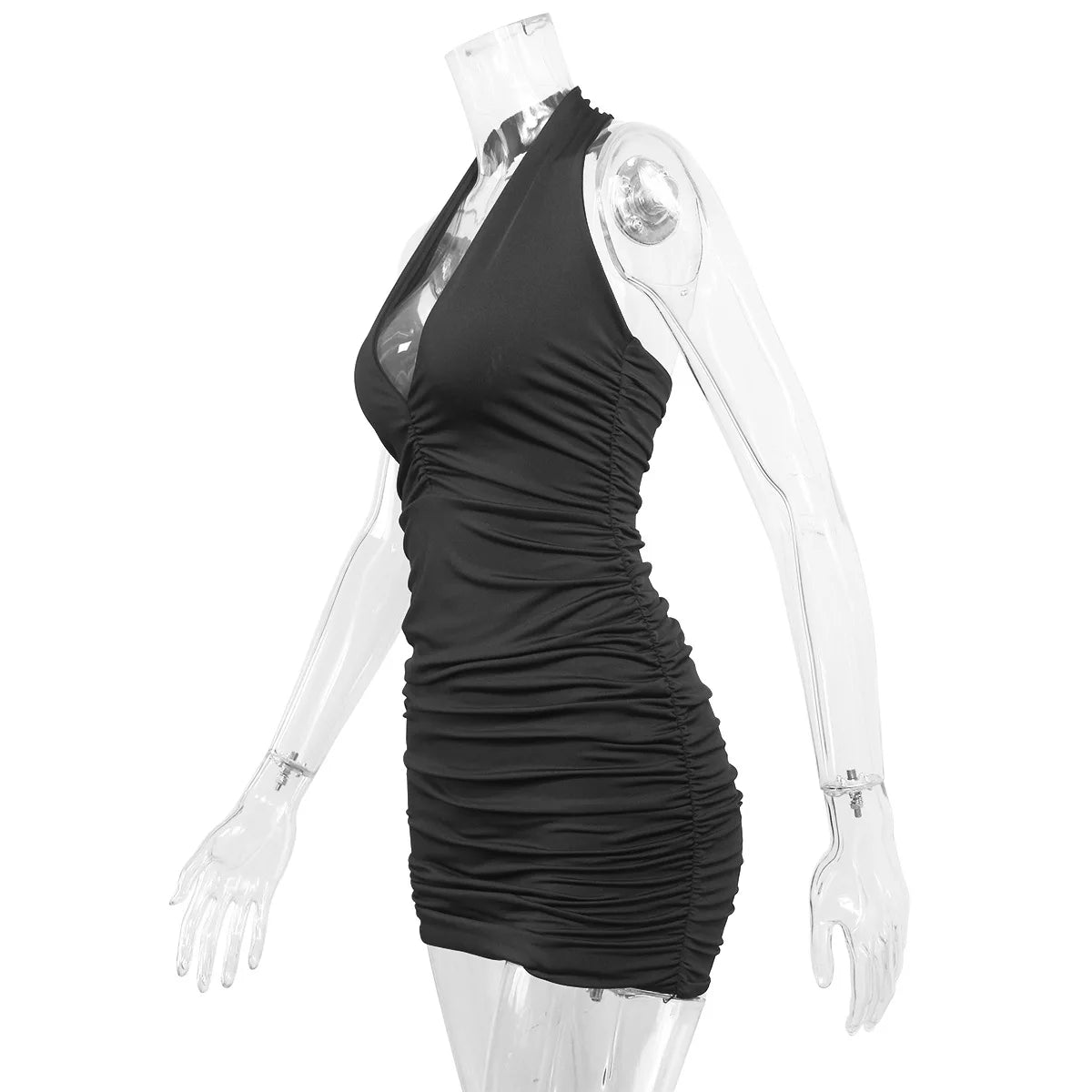 LIZAKOSHT  -  Women's V-neck Halter Neck Backless and Shoulder-free Sexy Simple Pleated Dress