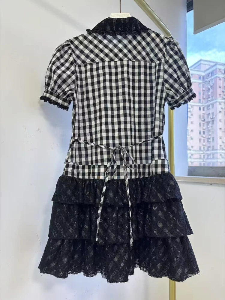 LIZAKOSHT  -  Vintage Design Black Plaid Dress Women's Summer Hot Girl Lapel Short Sleeve Shirt Dresses Fashion Hepburn Slim Thin New Outfits