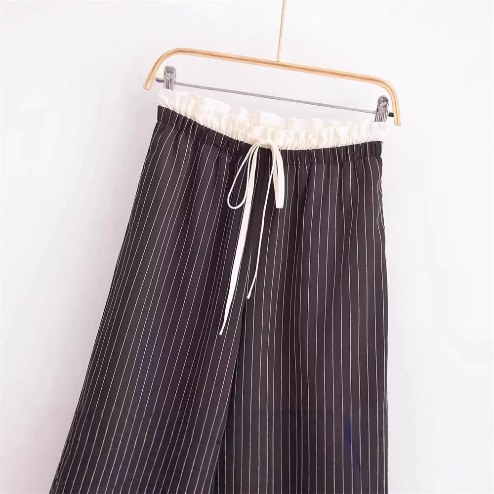 LIZAKOSHT  -  Casual Striped Drawstring Trousers for Women New High Waist Straight Loose Wide Leg Office Lady Long Pants