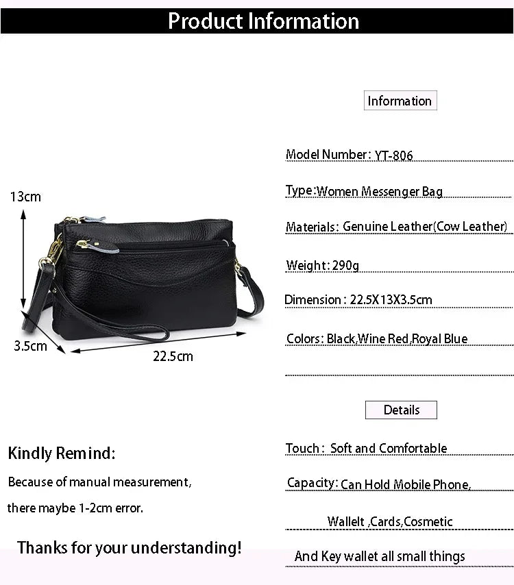 LIZAKOSHT  -  Genuine Leather Women Messenger Bags small Cowhide ladies Clutch wallet Multiple pockets female Shoulder Bags Cell phone purse