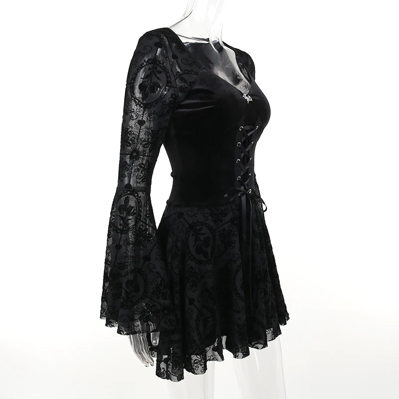 Lizakosht Harajuku Women's Vintage Gothic Long Sleeve Ruffle Mini Dress V Neck Velvet Stretchy Bodycon Cocktail Dresses Victorian Blouse