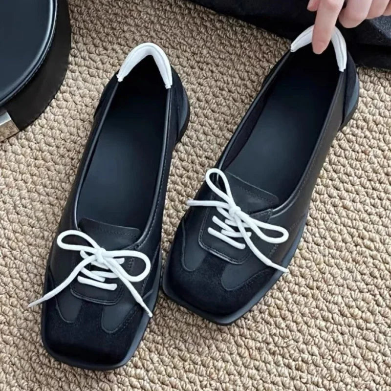 LIZAKOSHT  -  Novelty Lace Up Ballet Sneaker Flats Women Square Toe Splicing Design British Style Mary Jane Shoes Cozy Non-Slip Designer Pumps