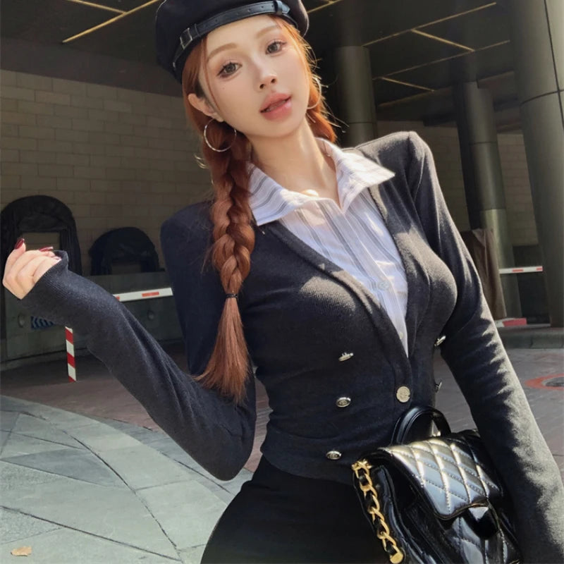 LIZAKOSHT  -  Fake Two-piece Multi-button Casual Long-sleeved Cardigan Women 2024 Autumn New Polo Collar Contrast Color Patchwork Knitted Tops