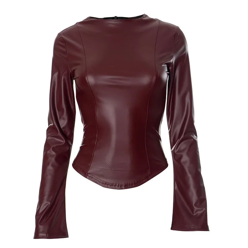 LIZAKOSHT  -  Fashion Women PU Leather Shirt Bustiers Tops Long Sleeve Slim T-Shirts Party Lady WineRed Leather Shirt Corset Top Autumn Winter