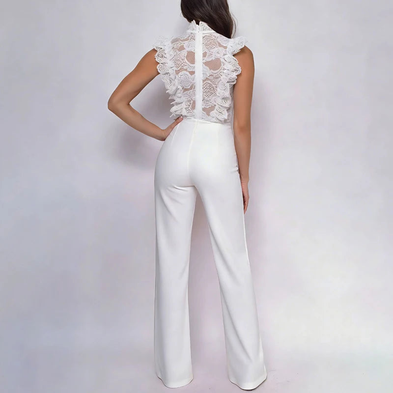 LIZAKOSHT  -  Stand Collar Sleeveless One Piece Jumpsuits Sexy Lace Patchwork Sheer Straight Rompers Women Elegant Waist Solid Long Playsuits