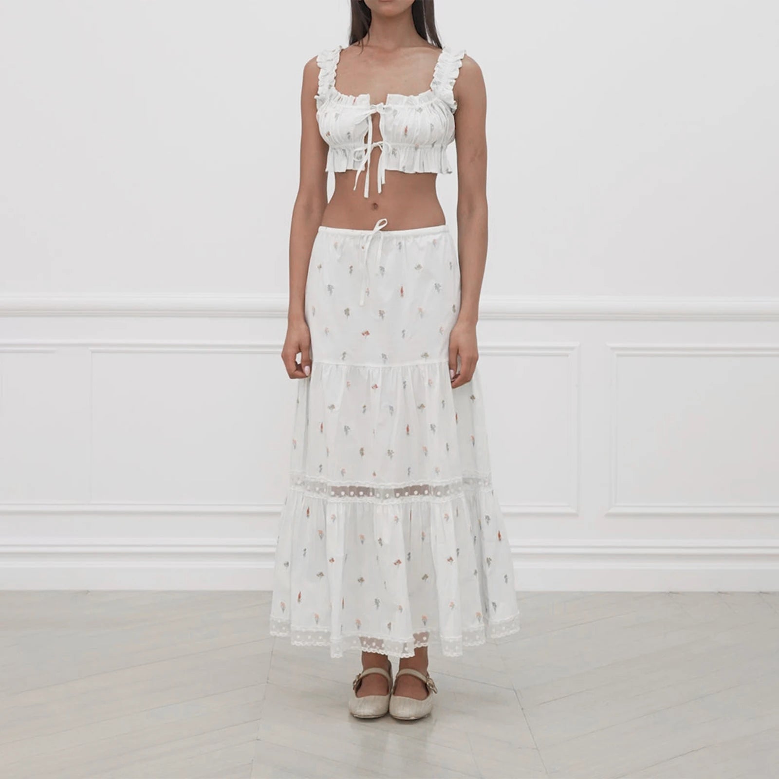 LIZAKOSHT  -  Vintage Frill Strap Front Tie Up Crop Tops + Maxi A-line Skirt Elegant Women Chic 2 Piece Set Fairy Y2K Matching Outfits