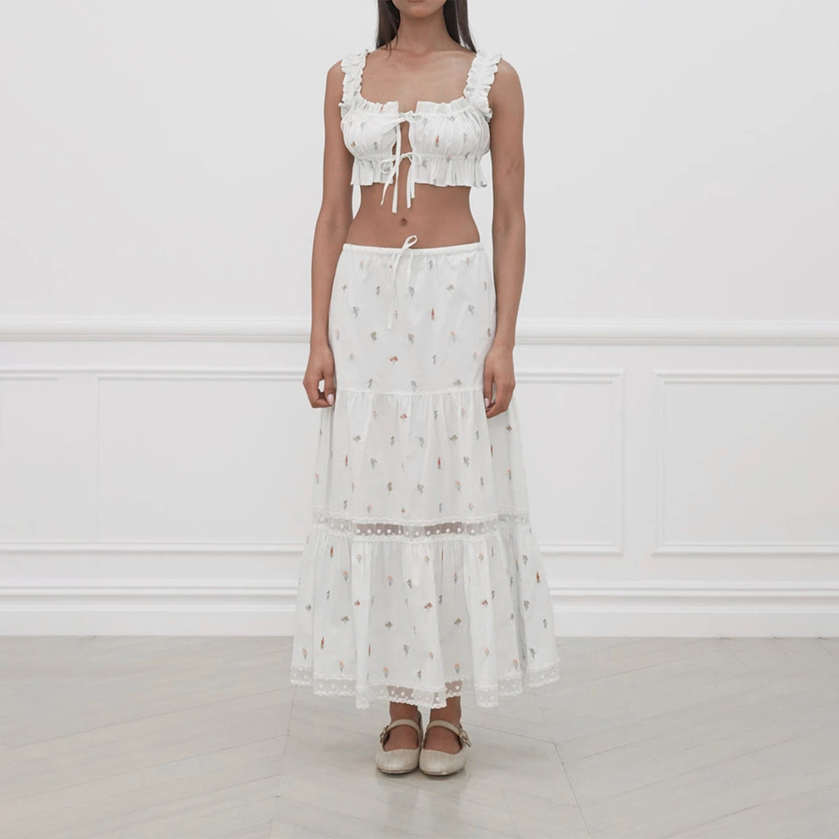 LIZAKOSHT  -  Vintage Frill Strap Front Tie Up Crop Tops + Maxi A-line Skirt Elegant Women Chic 2 Piece Set Fairy Y2K Matching Outfits