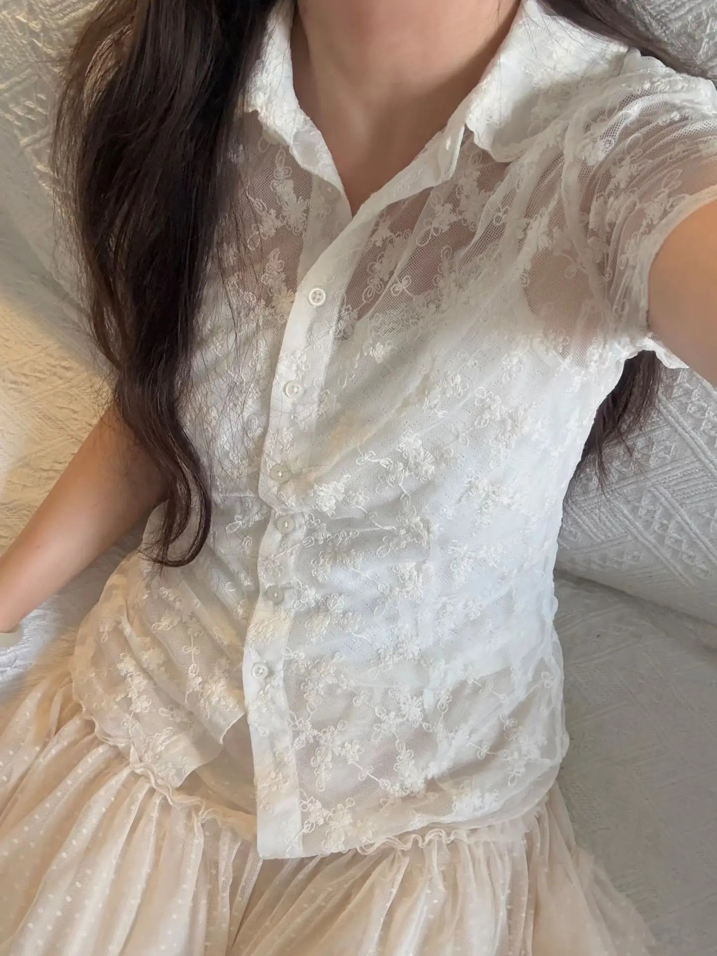LIZAKOSHT  -   Lace See Through Beige Blouse T-shirt Woman Summer Turn Down Collar Single Breasted Short Sleeve Shirts Sweet Transparent Tshirt