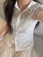 LIZAKOSHT  -   Lace See Through Beige Blouse T-shirt Woman Summer Turn Down Collar Single Breasted Short Sleeve Shirts Sweet Transparent Tshirt