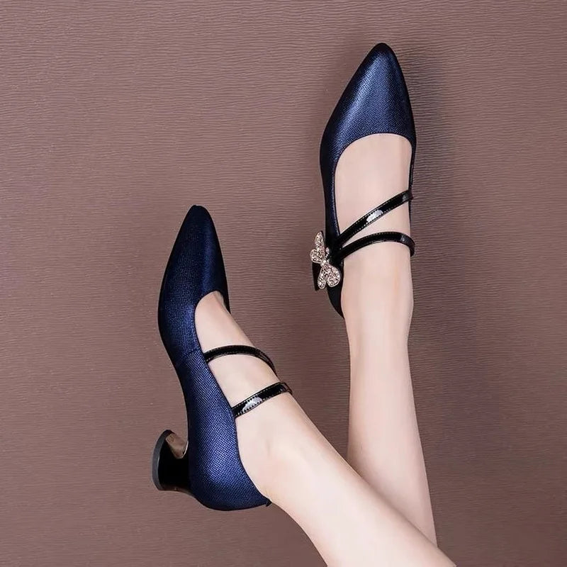 LIZAKOSHT  -  Leather Mid Heels,Office Lady Work Shoes,Women Pumps,Rhinestone Bowtie,Vogue Pointed Toe,34-40,Blue,Black,Dropship