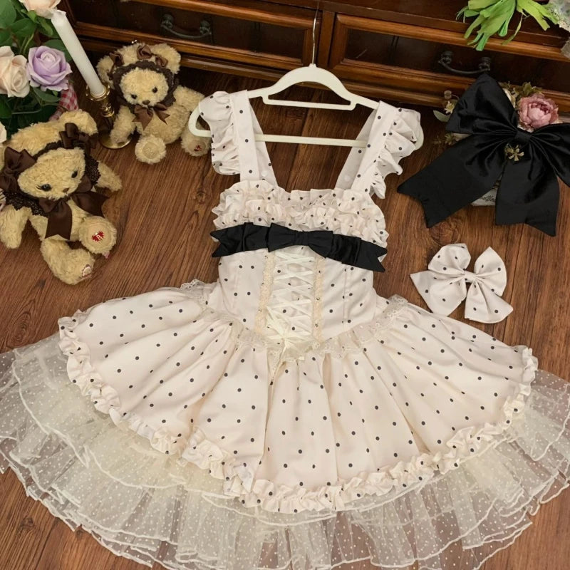 LIZAKOSHT  -  France Sweet Kawaii Lolita Dress Women's Designer Fashion Japanese Cute Thin Polka Dot Patchwork A-line Sling Dresses Clothing