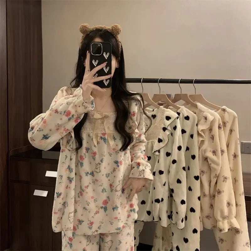 LIZAKOSHT  -  Coral Fleece Pajamas Sets for Women Plush Soft Warm Square Collar Lace Sweet  2 Piece Bow Tie Elegance Thickened Warm Homewear