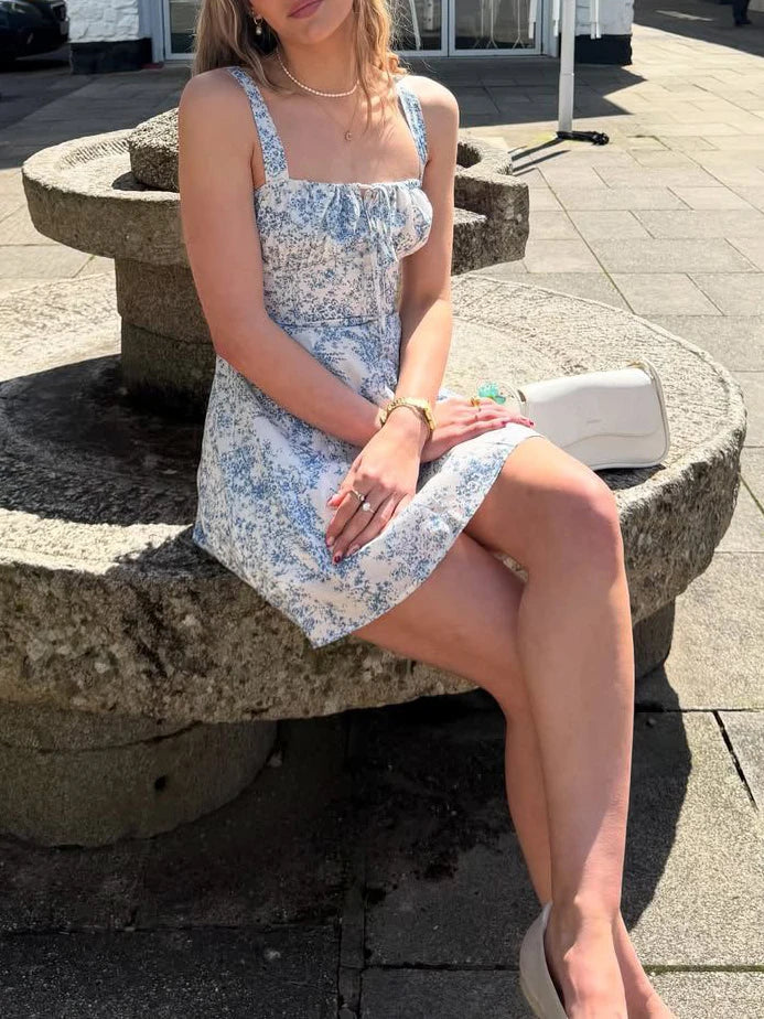 LIZAKOSHT  -  Floral Print Sling Short Dress For Women French Style Sexy Lace Up Bandage Back A-line Mini Dresses Summer 2025 New Holiday Robe