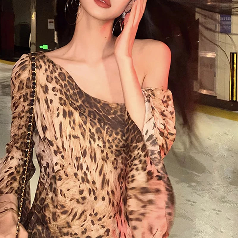 LIZAKOSHT  -  Street Style Women's Sexy Stylish Leopard Printed Irregular Long Flare Sleeves One-shoulder Backless High Waist Short Dress