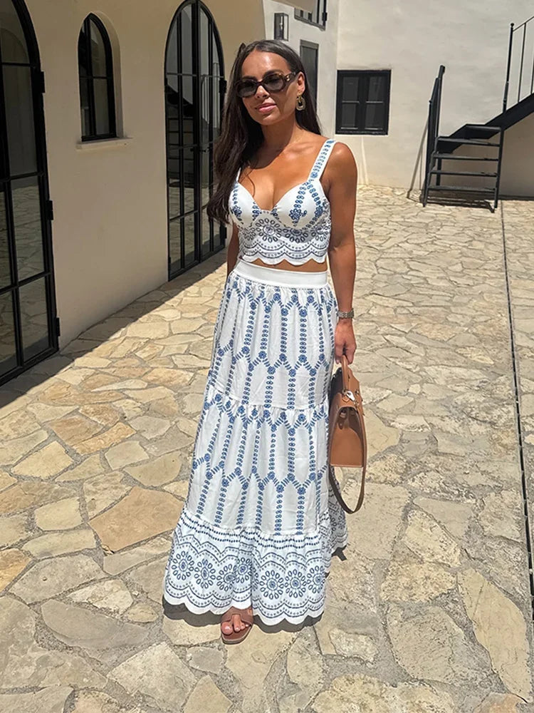 LIZAKOSHT  -  Printed Women Two Piece Set V-neck Sleeveless Vest High Elastic Waist Draped Skirts 2025 Summer Female Vacation Casual Outfits