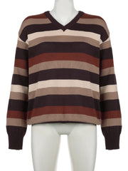 LIZAKOSHT  -  Vintage Striped Knitted Sweaters Casual Loose V-Neck Long Sleeve Pullovers Women Autumn Winter Fashion Streetwear