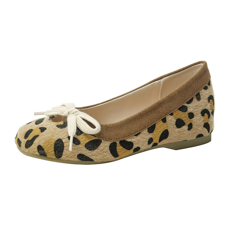 LIZAKOSHT  -  Leopard Lace Up Women Ballet Shoes Round Toe Shallow Comfort Walking Shoes Female Lncreased Lnternal Fashion Mary Jane Shoes