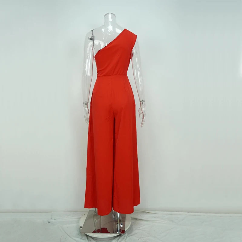 LIZAKOSHT  -  Elegant Diagonal Collar One-shoulder Solid Color High Waist Strappy Sleeveless Pocket Jumpsuit Wide Leg Pants Clubwear