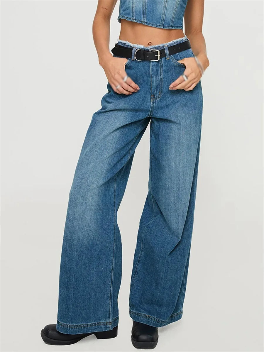 LIZAKOSHT  -  Women's Spring Summer Jeans with Pockets Fashion Loose Fit Casual Solid Low Rise Wide Leg Denim Pants Vintage Streetwear