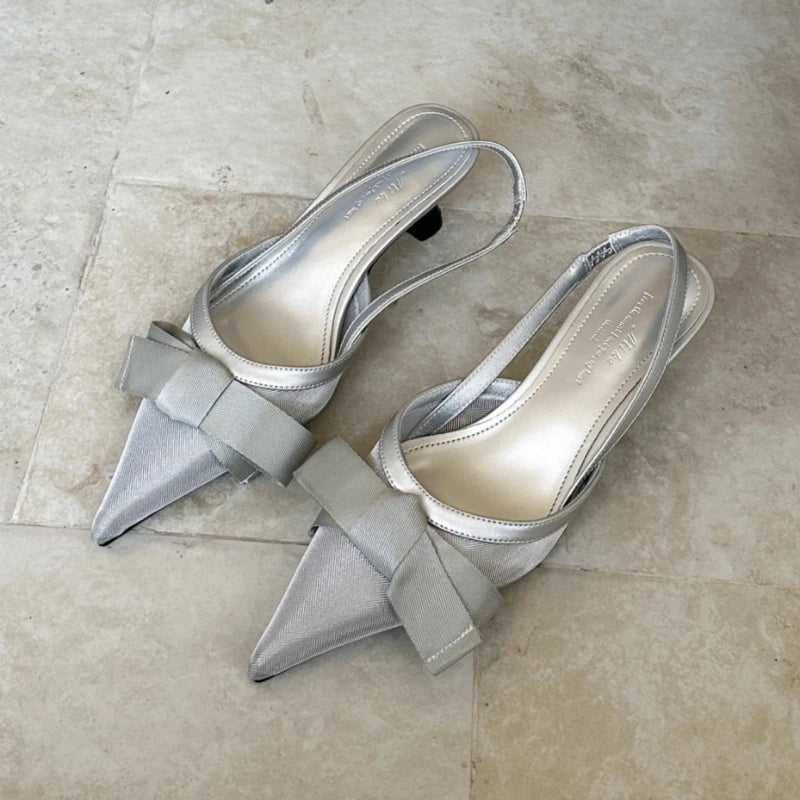 LIZAKOSHT  -  Satin Luxury High Heels Women Bow Pointed Toe Pumps Brand Slingbacks Banquet Party Shoes Designer Women Sandals Summer