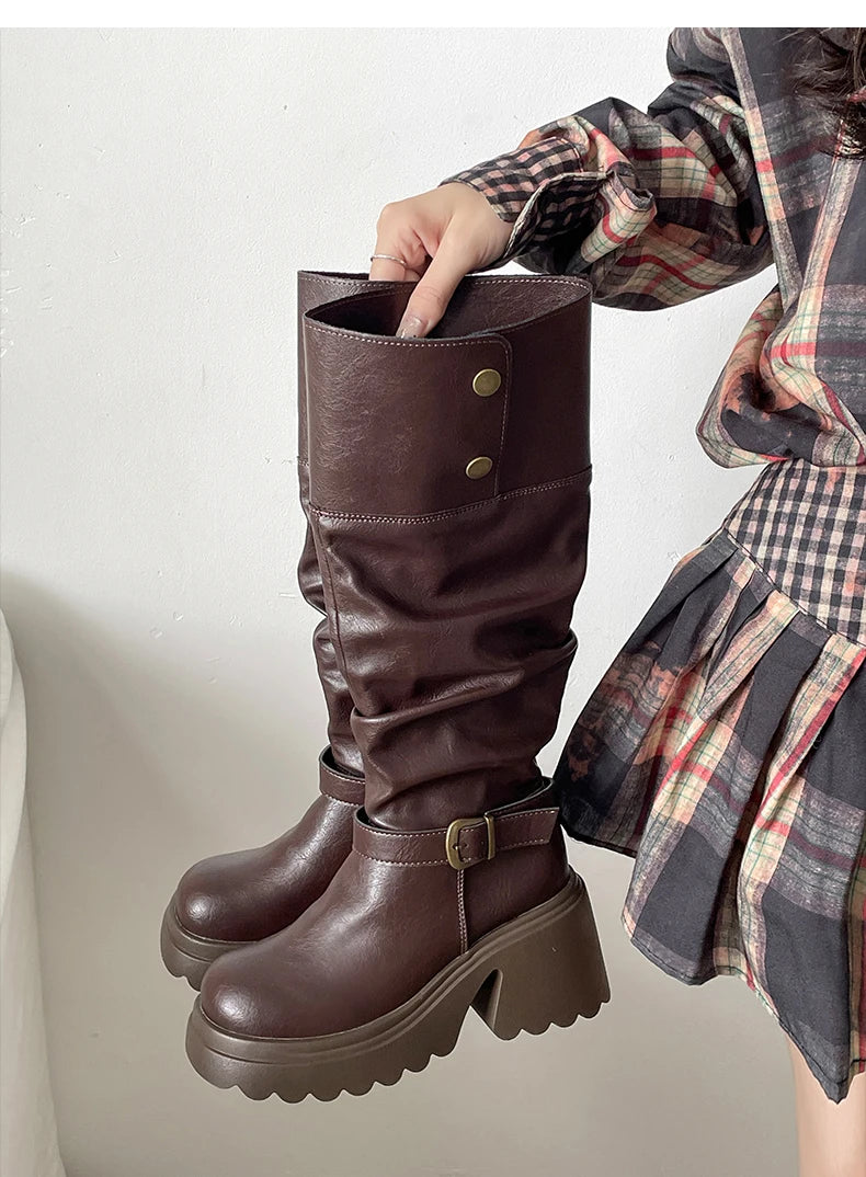 LIZAKOSHT  -  Winter Punk Style Woman Platform Knight Boots Fashion Belt Buckle Shoes Ladies Concise Height Increase Long Booties